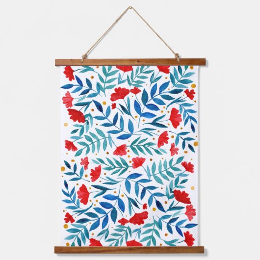 Magische tuin - rood en turquoise hangend wandkleed (Voorkant)