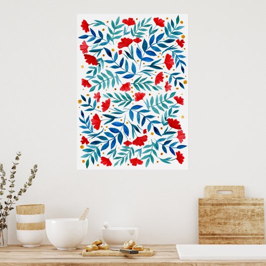 Magische tuin - rood en turquoise poster (Keuken)