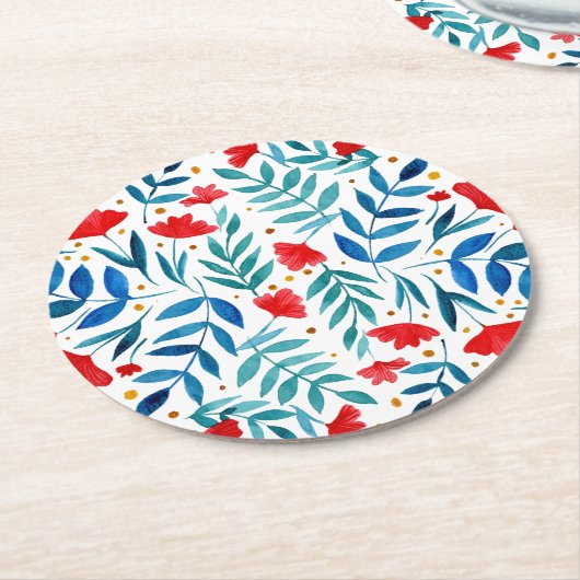 Magische tuin - rood en turquoise ronde kartonnen onderzetter (Gebogen)