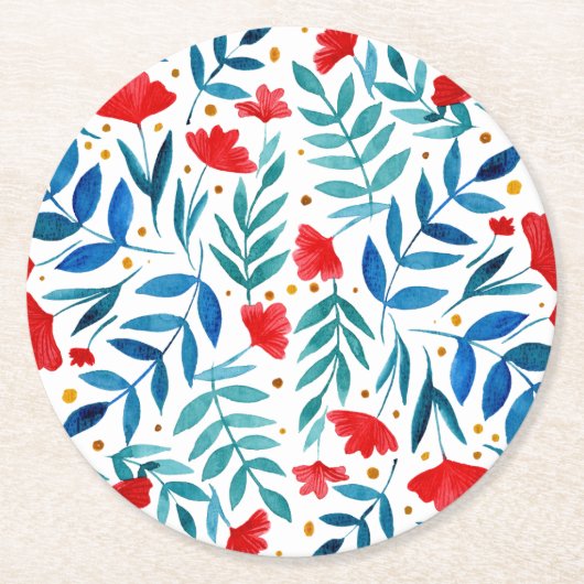 Magische tuin - rood en turquoise ronde kartonnen onderzetter (Voorkant)