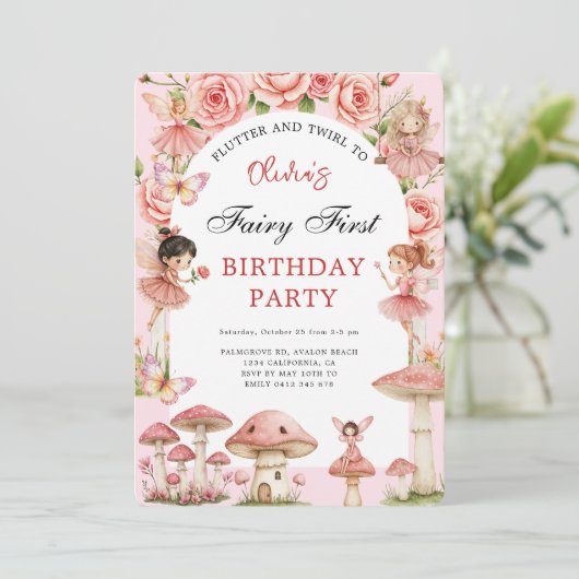 Magische tuin Roze Feeën Eerste 1e verjaardag Kaart (Staand voorkant)