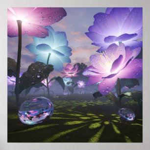 Magische Tuin van Reusachtige Lichtgevende Bloemen Poster