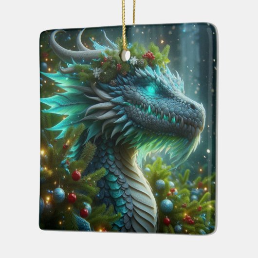 Magische turquoise kerstdraak keramisch ornament (Links)