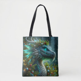 Magische turquoise kerstdraak tote bag