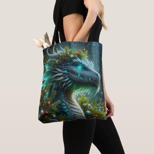 Magische turquoise kerstdraak tote bag (Dichtbij)