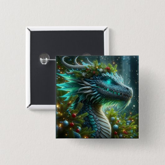 Magische turquoise kerstdraak vierkante button 5,1 cm (Voorkant /achterkant)