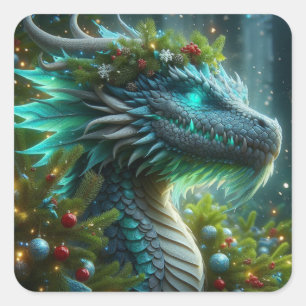 Magische turquoise kerstdraak vierkante sticker