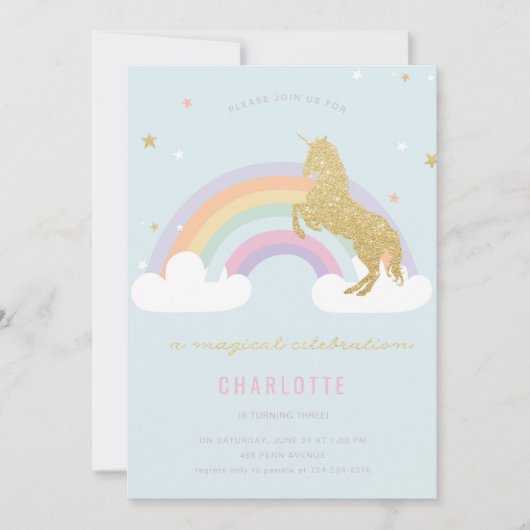 MAGISCHE UNICORN BIRTHDAY PARTIJ INVITATIE KAART (Voorkant)