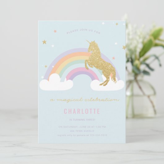 MAGISCHE UNICORN BIRTHDAY PARTIJ INVITATIE KAART (Staand voorkant)