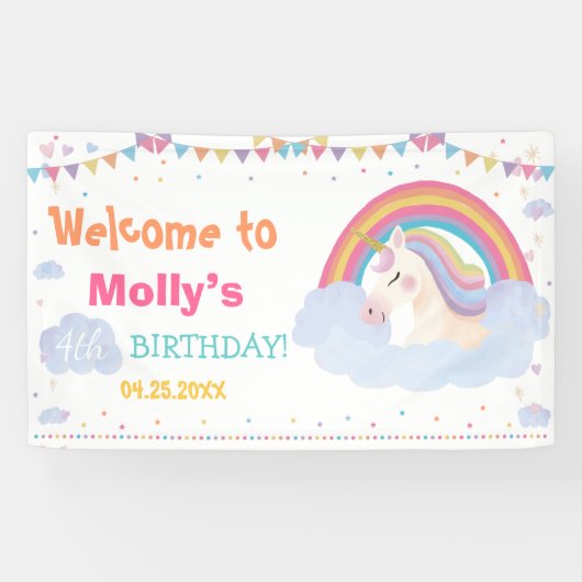 Magische Unicorn Birthday Rainbow-achtergrond Spandoek (Horizontaal)