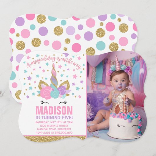 Magische Unicorn Birthday Uitnodiging Roze Gold (Voorkant / Achterkant)