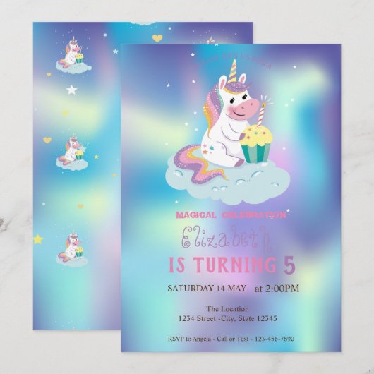 Magische Unicorn Blue Holographic Birthday Kaart (Voorkant / Achterkant)