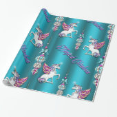Magische Unicorn Blue Kerstmis Cadeaupapier (Uitgerold)