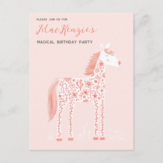 Magische Unicorn Blush Pink Birthday Party Invitat Briefkaart (Voorkant)