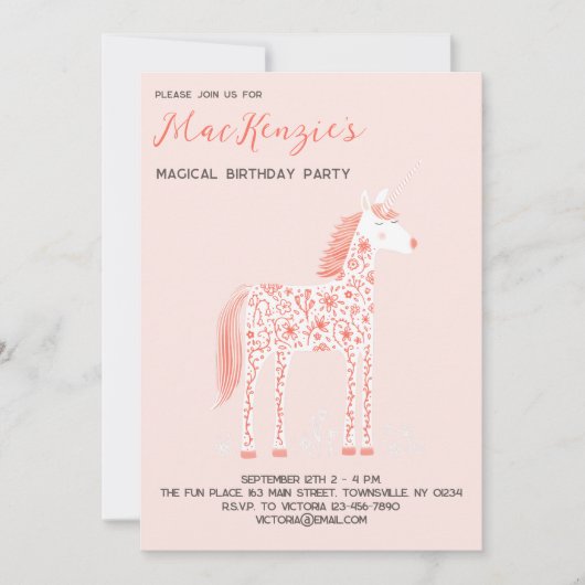 Magische Unicorn Blush Pink Birthday Party Kaart (Voorkant)