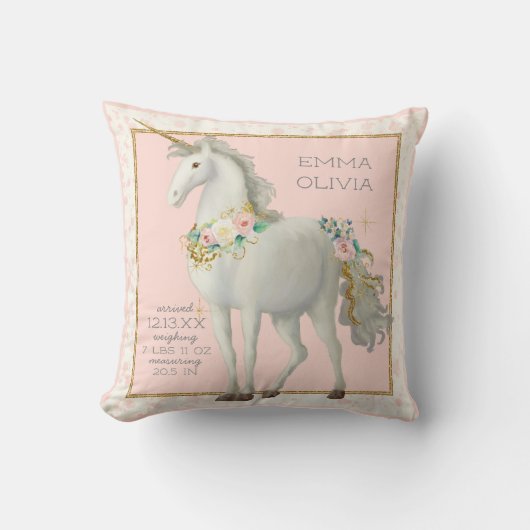 Magische Unicorn BOHO Floral Baby Girl Birth Stats Kussen (Voorkant)