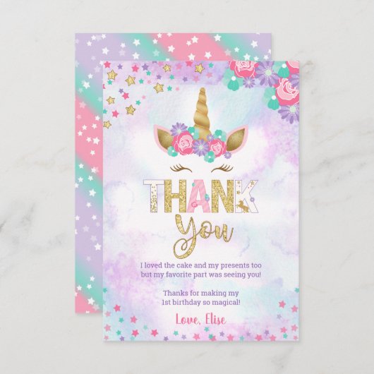 Magische Unicorn Dank je kaarten (Voorkant / Achterkant)