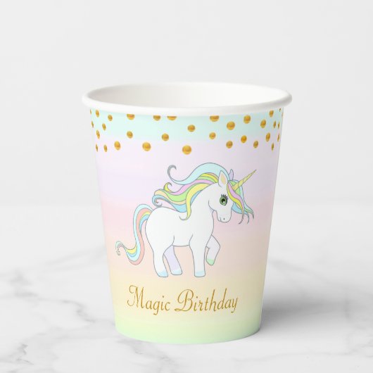 Magische unicorn en goudConfetti op parelkleuren Papieren Bekers (Achterkant)