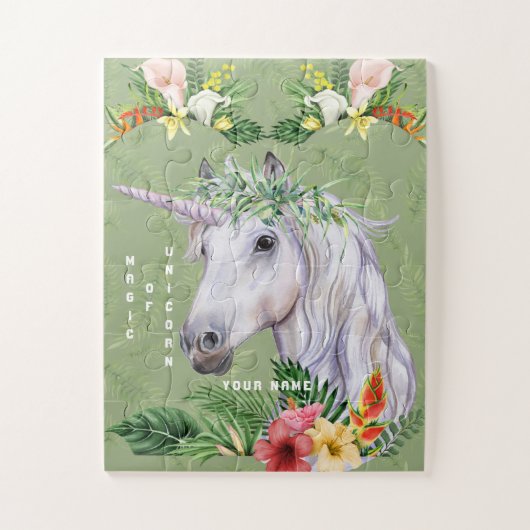 Magische Unicorn Exotic Tropical Flowers Monogram Legpuzzel (Verticaal)