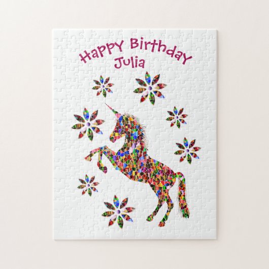 Magische Unicorn Flowers Happy Birthday personalis Legpuzzel (Verticaal)