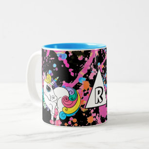 Magische Unicorn Girly Rainbow Retro Verf Splatter Tweekleurige Koffiemok