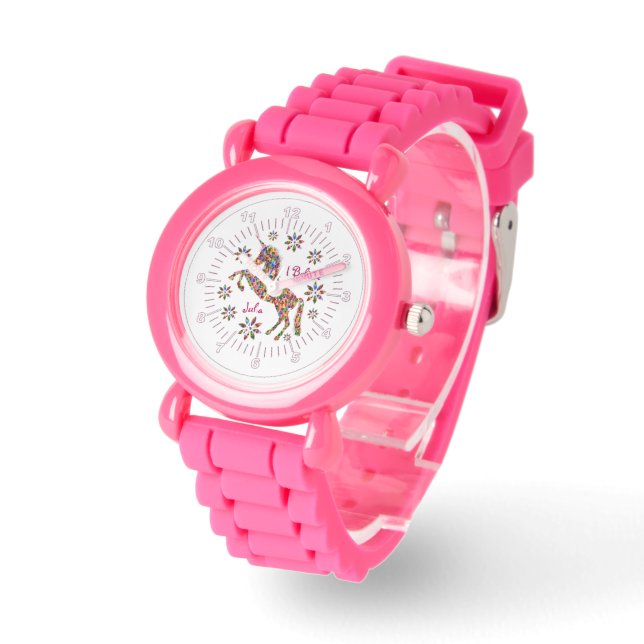 Magische Unicorn Glitter Girly Cute Pink Aangepast Horloge (Hoek)