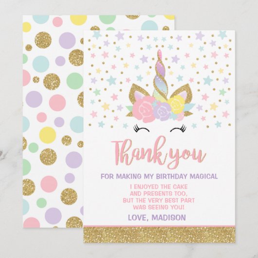 Magische Unicorn Hartelijk dank voor uw kaart Roze (Voorkant / Achterkant)