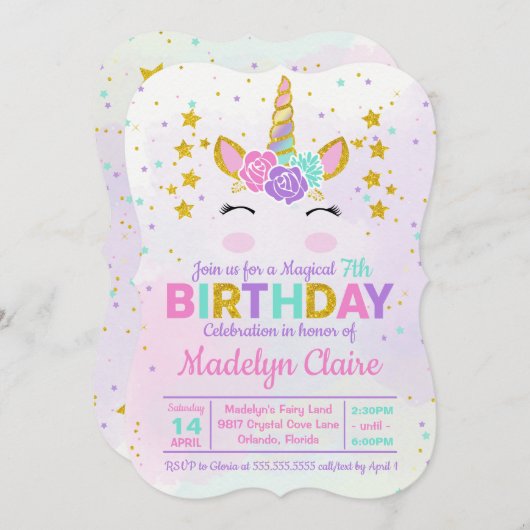 Magische Unicorn Kinderen van Birthday Uitnodiging (Voorkant / Achterkant)
