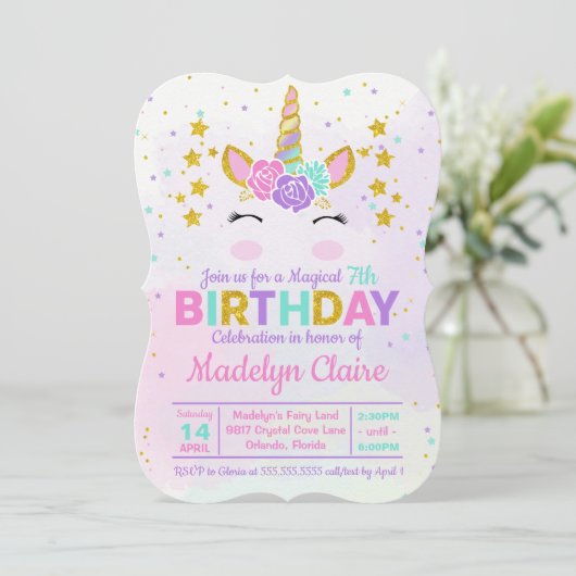 Magische Unicorn Kinderen van Birthday Uitnodiging (Staand voorkant)