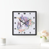 Magische Unicorn Mam & Baby Waterverf Vierkante Klok (Huis)