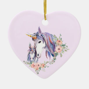 Magische Unicorn Mam en Baby Waterverf Keramisch Ornament