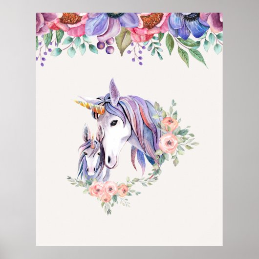 Magische Unicorn Mam en Baby Waterverf Poster (Voorkant)