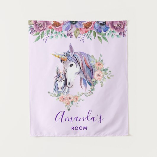 Magische Unicorn Mam en Baby Waterverf Wandkleed (Voorkant)
