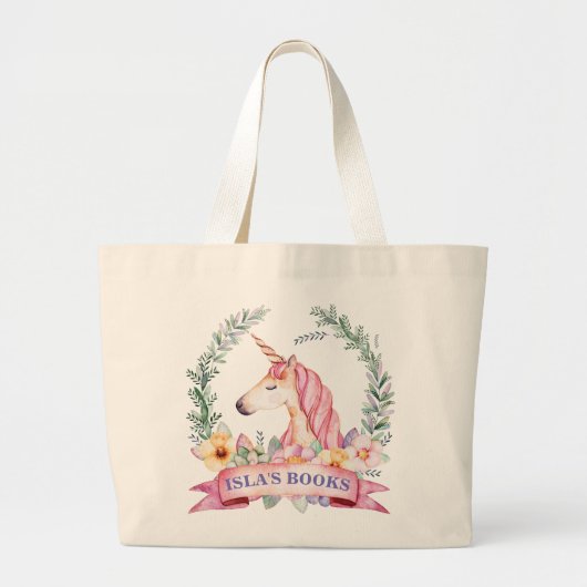Magische Unicorn met Florals Custom Library Bag Grote Tote Bag (Voorkant)