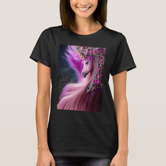 Magische Unicorn met roze rozen T-shirt (Voorkant)