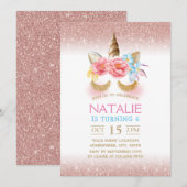 Magische Unicorn Modern Roos Gold Glitter Birthday Kaart (Voorkant / Achterkant)