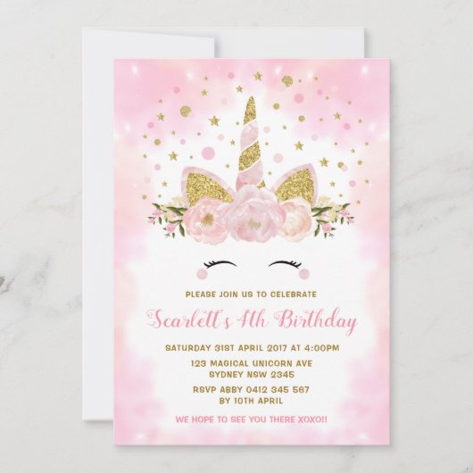 Magische Unicorn Pastel Pink Clouds Birthday Party Kaart (Voorkant)