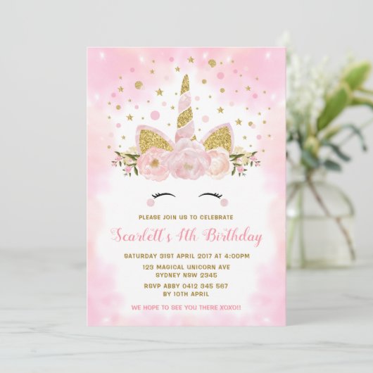 Magische Unicorn Pastel Pink Clouds Birthday Party Kaart (Staand voorkant)