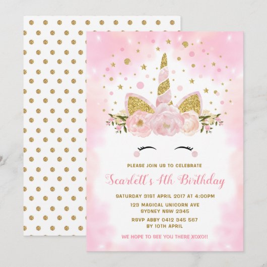 Magische Unicorn Pastel Pink Clouds Birthday Party Kaart (Voorkant / Achterkant)