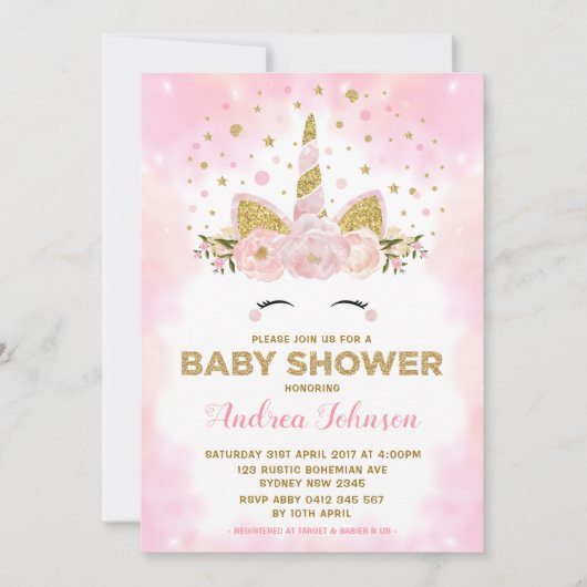 Magische Unicorn Pink Clouds Girl Baby shower Kaart (Voorkant)