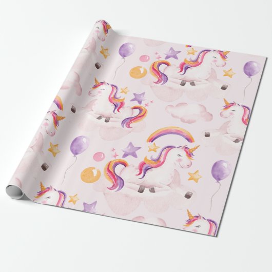 Magische Unicorn Rainbow Birthday Cadeaupapier (Uitgerold)