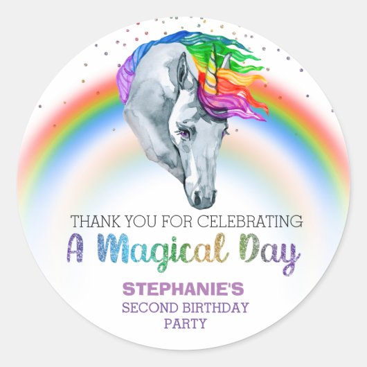 Magische Unicorn Rainbow Birthday Favor Ronde Sticker (Voorkant)