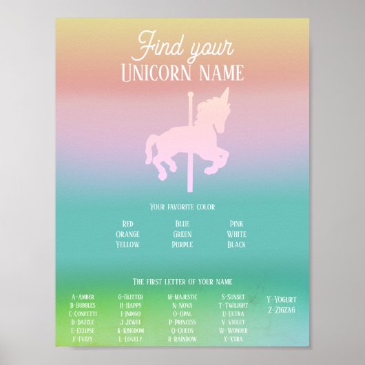 Magische Unicorn Rainbow Birthday Name Poster (Voorkant)