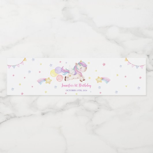 Magische Unicorn Rainbow Birthday Waterfles Etiket (Enkel label)