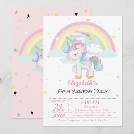Magische Unicorn Rainbow Stars Birthday Kaart (Voorkant / Achterkant)