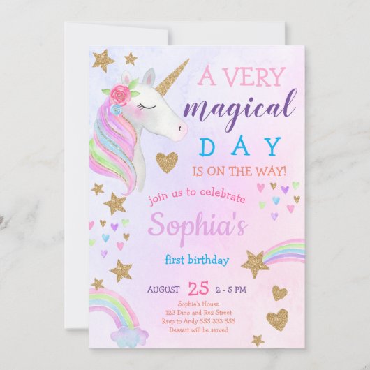 Magische Unicorn regenboogpasta, eerste verjaardag Kaart (Voorkant)