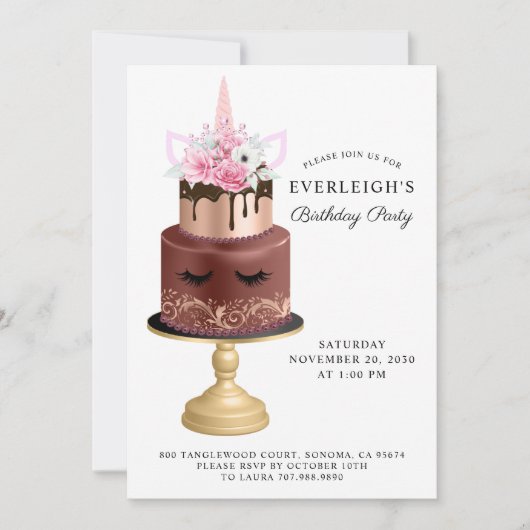 Magische Unicorn Roos Gold Chocolade Birthday Cake Kaart (Voorkant)