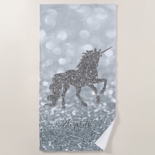 Magische Unicorn, Silver Glitter Bokeh-Personalize Strandlaken (Voorkant)