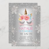 Magische unicorn Silver Winter Snowflakes Birthday Kaart (Voorkant / Achterkant)