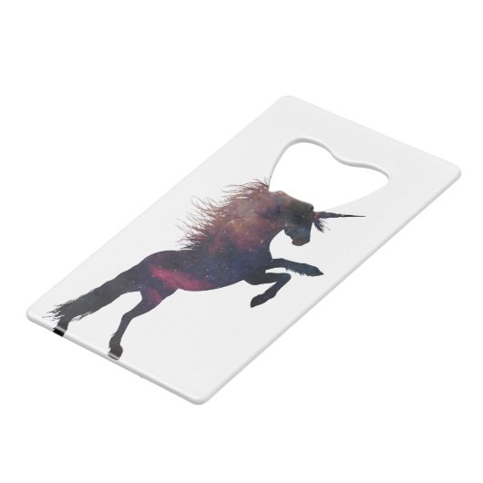 Magische Unicorn Space Nebula Creditkaart Flessenopener (Voorkant Gekanteld)